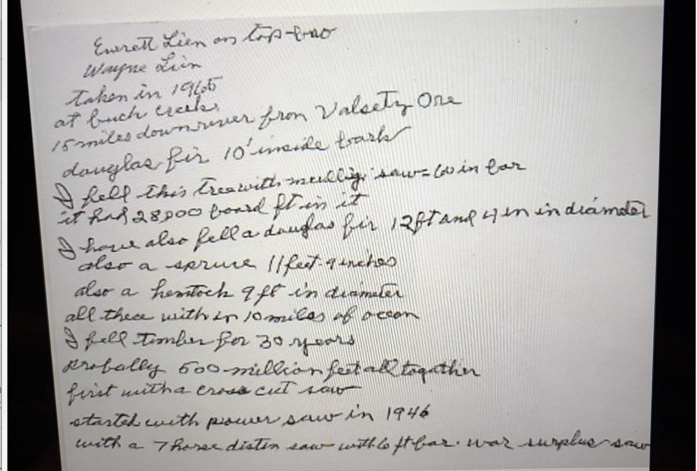Wayne Lien’s handwritten logging report, supplied by his family