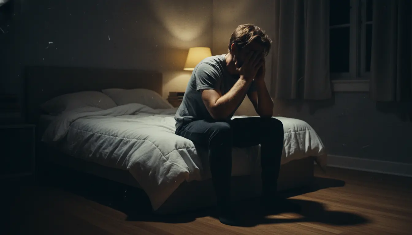 Man awake at night with anxiety
