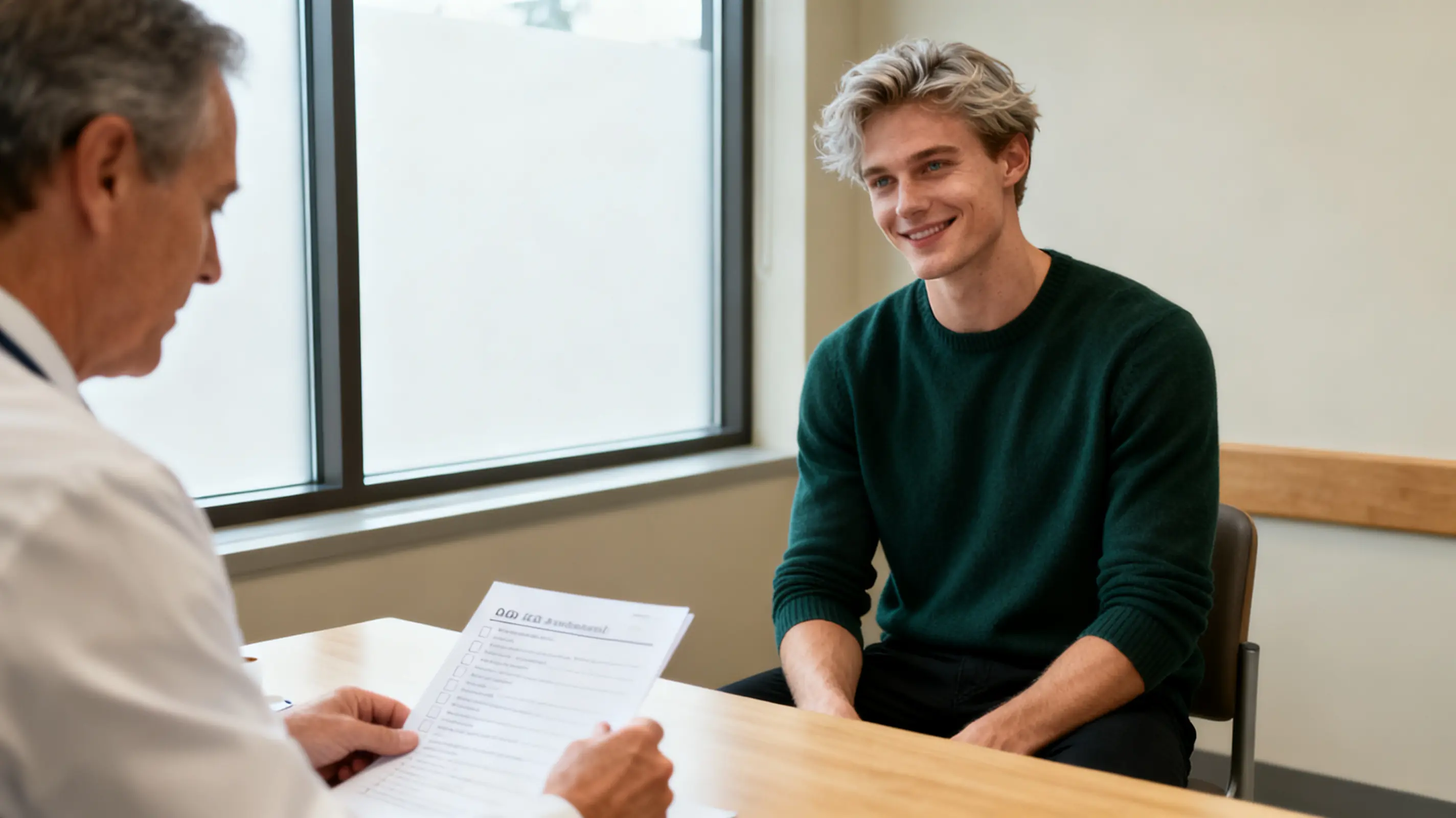 Blond man talking with a clinician at a consultation table