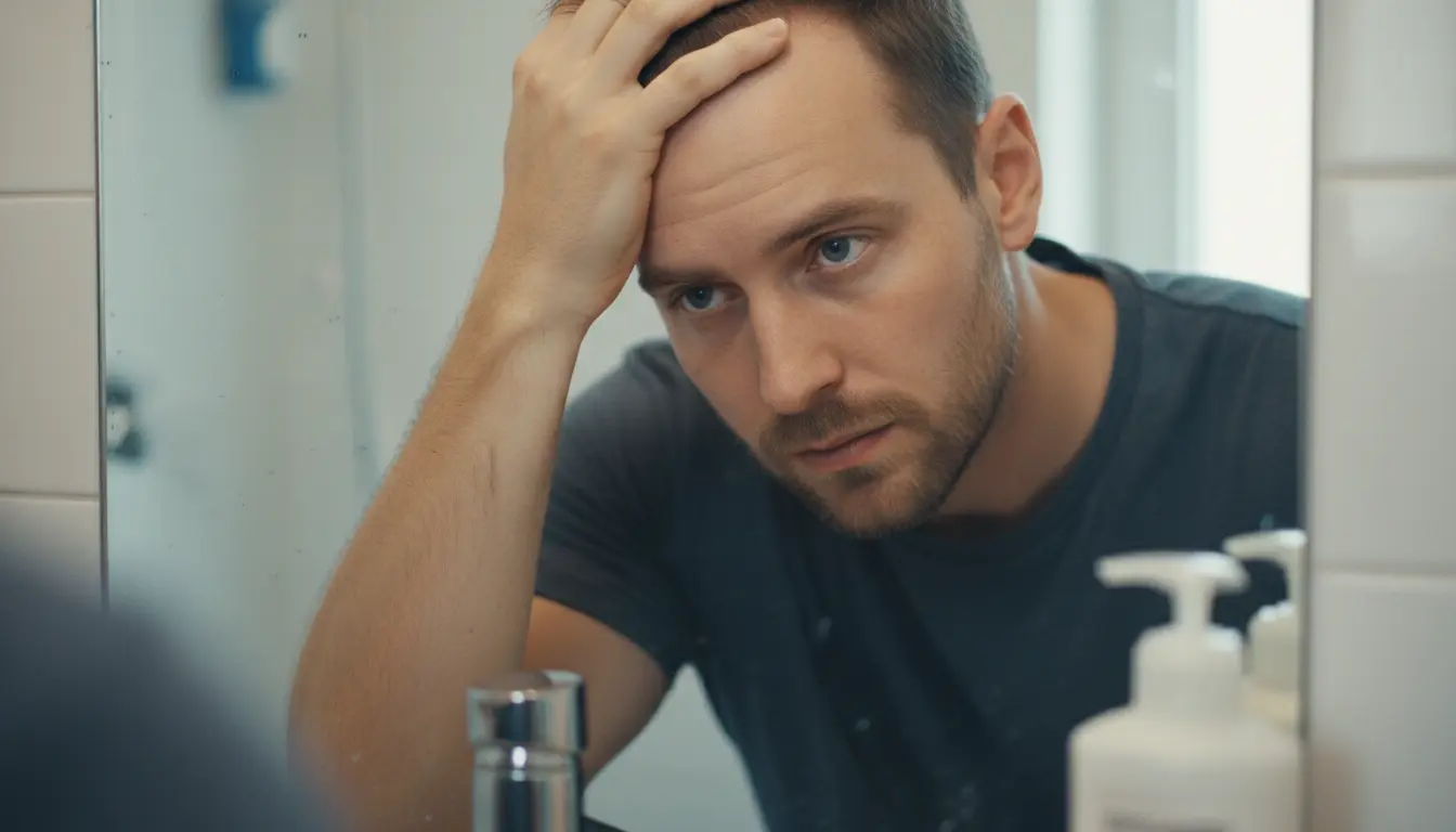 Man checking hair loss in the mirror