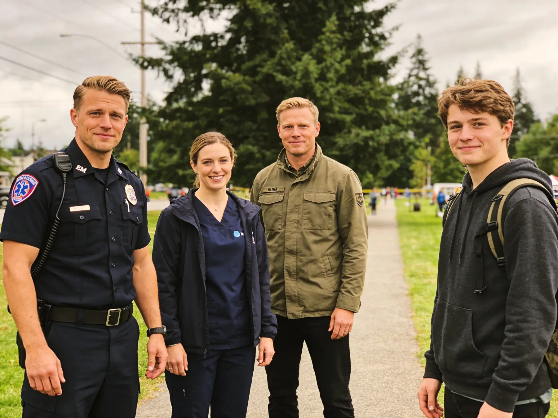 First responder, nurse, veteran, and student outdoors